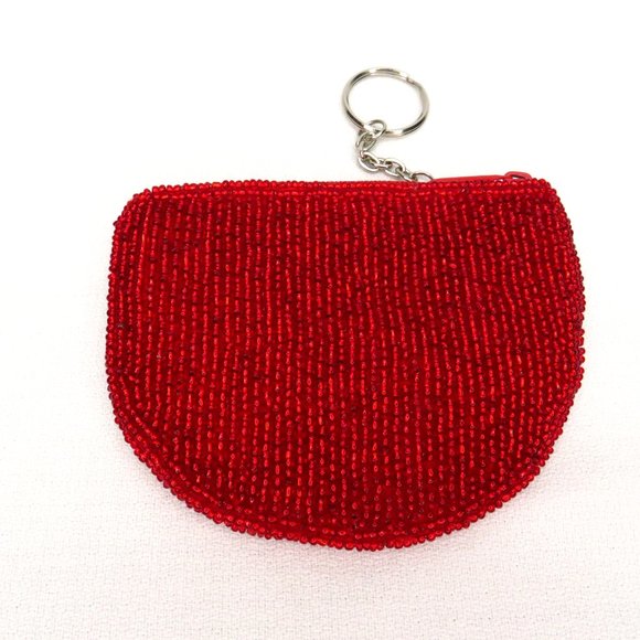 Handmade Seed Bead & Sequin Deep Red Lips Coin Purse Key Ring - Picture 2 of 3